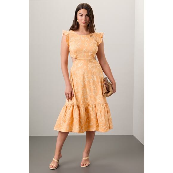 MARISSA WEBB x RTR Orange Botanical Print Tie Back Flutter Sleeve Midi Dress 4 - Picture 1 of 14